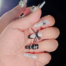Load image into Gallery viewer, Chic Handmade Long Press-On Nails in Monochrome Theme with Glitter Accents and Elegant Bow Detail

