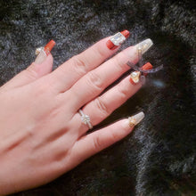 Load image into Gallery viewer, Autumn Chic Red theme Handcrafted Mid-Length T Press-On False Nails with Ribbon Accent

