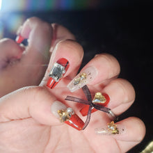 Load image into Gallery viewer, Autumn Chic Red theme Handcrafted Mid-Length T Press-On False Nails with Ribbon Accent
