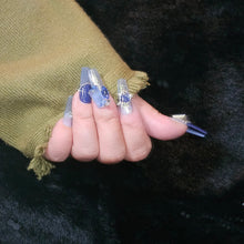 Load image into Gallery viewer, Handmade Long Press-On Nails with Deep Blue Shades and Luxurious Crystal Embellishments.
