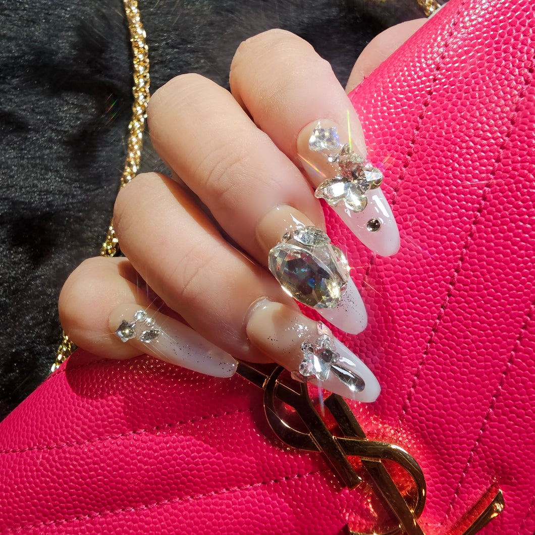 Refined RadLong Almond Press-On Nails with Crystal Embellishmentsiance