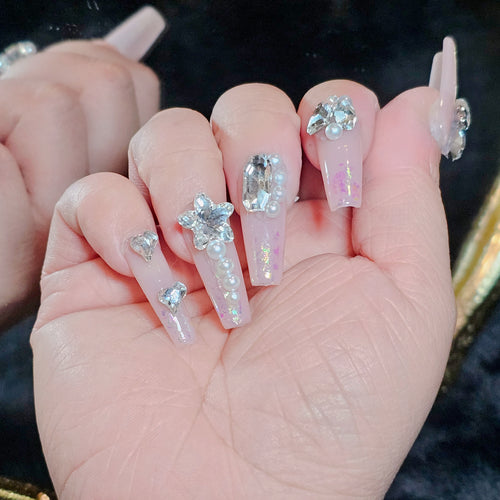 Pink Elegance Handmade Extra Long T Press-On Nails with Pearls and Crystals