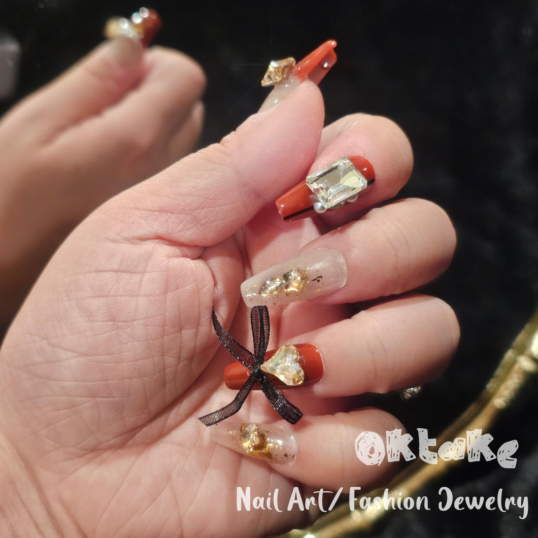 Autumn Chic Red theme Handcrafted Mid-Length T Press-On False Nails with Ribbon Accent