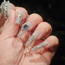 Load image into Gallery viewer, Celestial Frost Press-On Nail set with sparkling accents and long T shape
