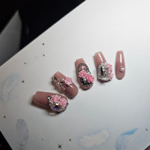 Load image into Gallery viewer, Chic Pink Floral Press-On Nails with Sparkling Rose Detailing
